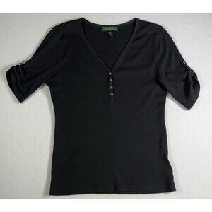 Lauren Ralph Lauren Top Womens L Black Ribbed Henley 3/4 Sleeve Button Blouse